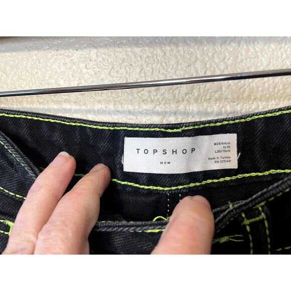 Topshop Mom Black W/ Bright Green Threading High Waisted Straight Leg Jean Sz 25 - Picture 3 of 11